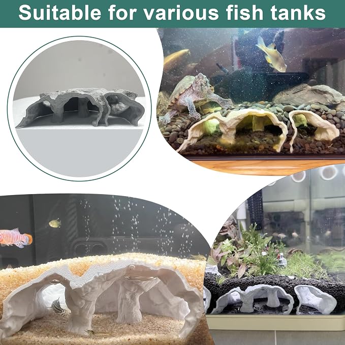 Aquarium Cave Tunnel Hideout - 3D Printed Fish Tank Cave Decor for Pleco | Friendly Sinking Base Shrimp/Betta Fish Hideout for Aquarium with Viewing Ports