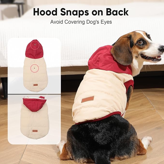 Vecomfy Fleece Lining Extra Warm Dog Hoodie in Winter for Medium Dogs Jacket Pet Coats with Hooded,Beige and Red L