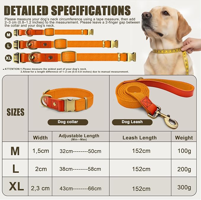Dog Collar and Leash Set with Metal Quick Release Buckle, Adjustable, Breathable Nylon, Durable, Soft and Comfortable, No Pull for Walking and Training, Orange, XL (16.9"-26")