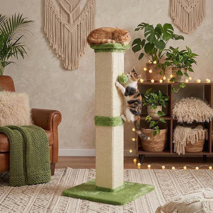 32" Tall Cat Scratching Post, Cat Scratcher with Heavy Duty Thick Wood Base, Cat Tower with Natural Sisal Rope and Hanging Ball, Plant-Like Design Scratching Post, for Small and Adult Kittens, Green