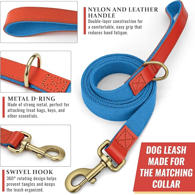 Dog Collar and Leash Set with Metal Quick Release Buckle, Adjustable, Breathable Nylon, Durable, Soft and Comfortable, No Pull for Walking and Training, Blue, XL (16.9"-26")