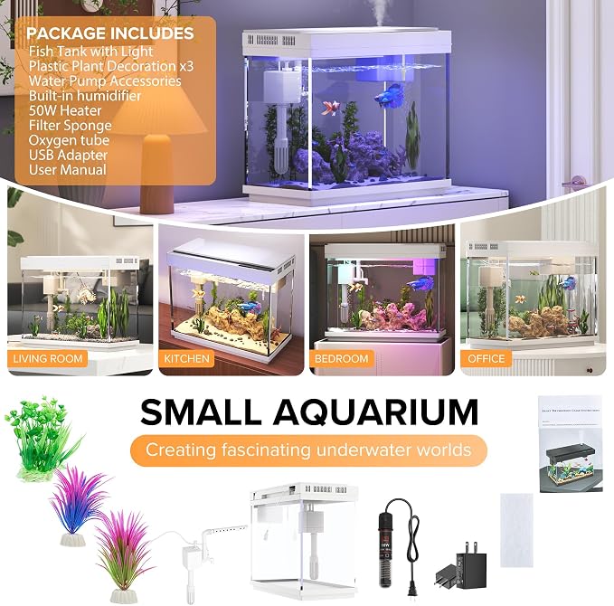 Vehipa 2.4 Gallon Betta Fish Tank, Heater and Humidifier | HD Glass, 3-in-1 Pump, Temperature Display, Timed 7-Color Lights