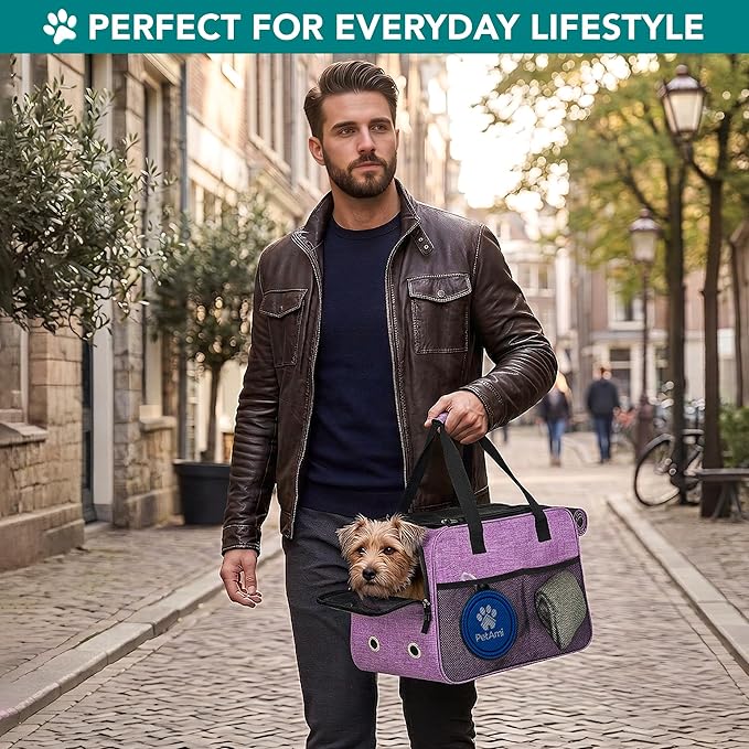 PetAmi Dog Purse Carrier for Small Dogs, Airline Approved Soft Sided Pet Carrier with Pockets, Ventilated Dog Carrying Bag for Puppy Cat, Dog Travel Supplies Bag, Sherpa Bed, Max 12 lbs, Purple