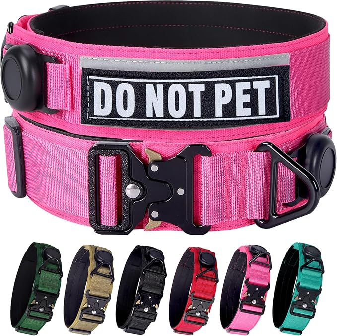 AirTag Dog Collar, 2" Wide Tactical Military Dog Collar with AirTag Holder & 3 Pet Patches, Soft Padded Reflective Waterproof Nylon Collar with Metal Buckle for Medium Dogs (Hot Pink, M)