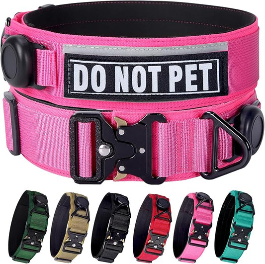 AirTag Dog Collar, 2" Wide Tactical Military Dog Collar with AirTag Holder & 3 Pet Patches, Soft Padded Reflective Waterproof Nylon Collar with Metal Buckle for Medium Dogs (Hot Pink, M)