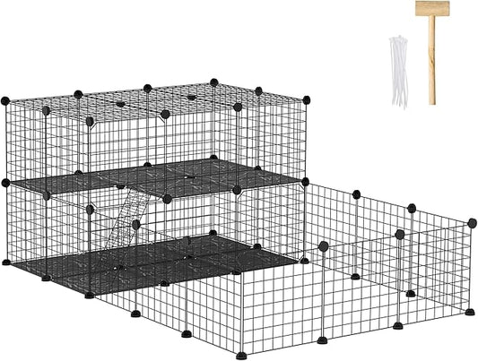 PawHut 47 Panels Pet Playpen, Small Animal Playpen with Doors, Portable Metal Wire Yard Bunny Pen for Guinea Pigs, Chinchillas, 14" x 14"