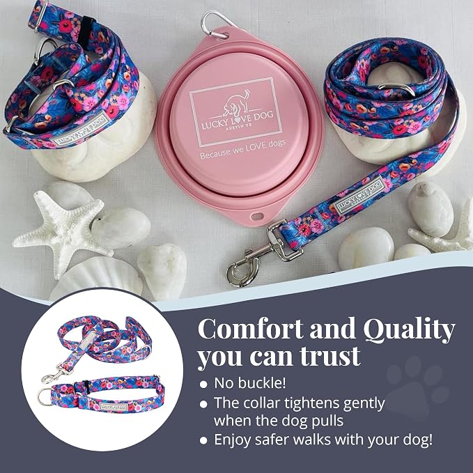 Lucky Love Dog Martingale Dog Collar & Leash - Adjustable, No-Slip, Durable, Comfortable, Soft Webbing, & Stylish Patterned Collar & Leash Set for Male and Female Dogs - Zuzu Combo, Medium