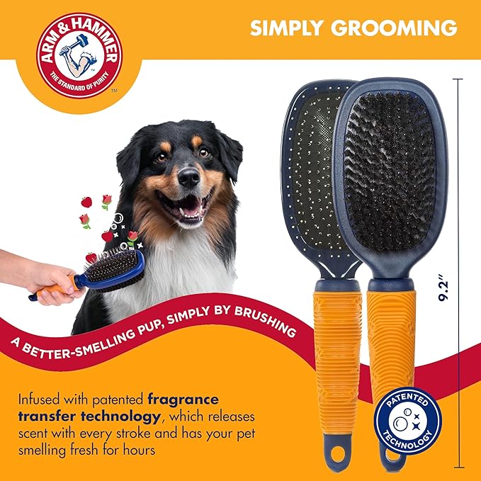 Arm & Hammer Deodorizing 2-in-1 Pin & Bristle Dog Brush, Fragrance Transfer Technology with Baking Soda, Detangling & Shedding, Dog Grooming Brush for Long Hair, Sweet Apple & Rose Scent