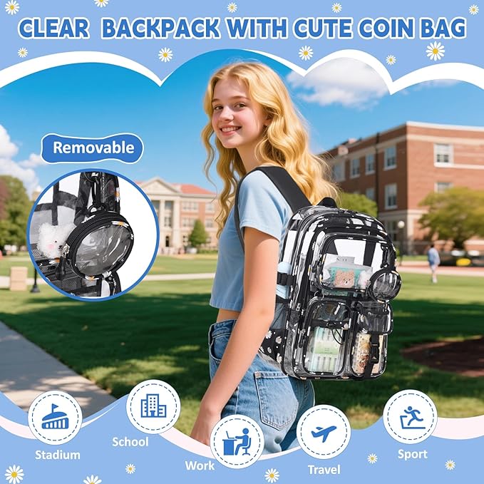 Clear Backpacks for Stadium Events Heavy Duty Clear Bookbag for School Girls Transparent Back Pack, Black