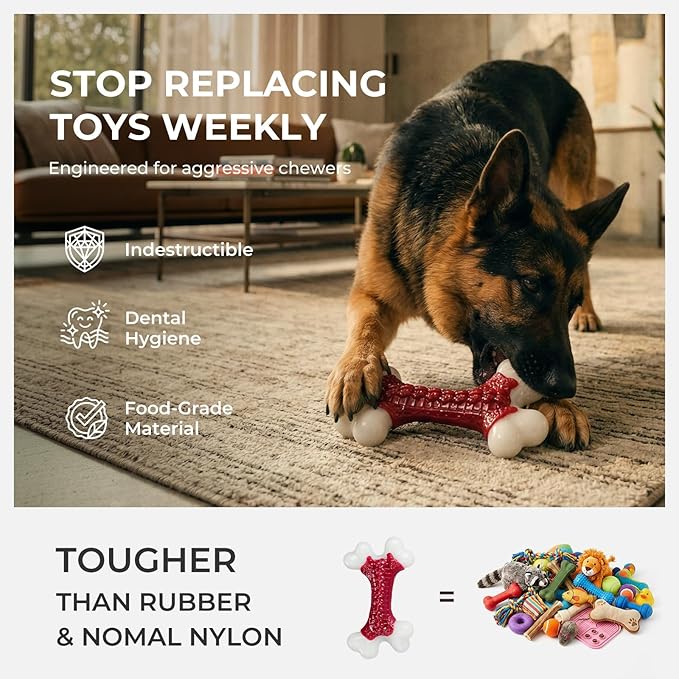 Kseroo 2-Pack Indestructible Dog Toys for Aggressive Chewers: Beef Flavored Hard Nylon Bone Chew Toys, Tough Dog Chew Toys for Large Dogs, Dog Toys to Keep Them Busy for Medium Large Breed, Red