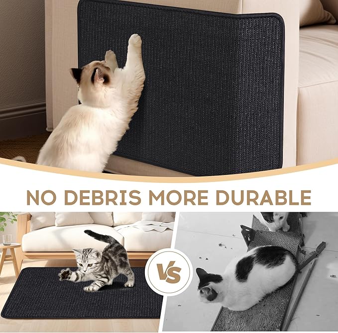 Graciadeco Black Cat Scratching Mat Sisal, 2 Packs Sisal Fabric Large Cat Scratching Pad for Indoor Cats with Adhesive Hook Loop Tape, Wall Scratchers for Indoor Cats 23.6" x 15.7"