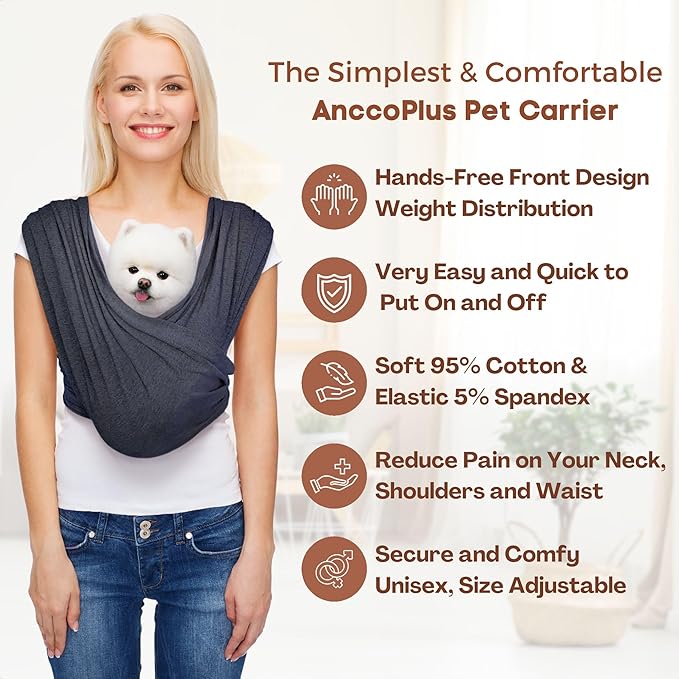 AnccoPlus Dog Carriers for Small Dogs, Front Facing Cat Carrier, Hands Free Dog Carrier, Size Adjustable Pet Carrier, Reducing Back Pain, Soft Cotton, Safe Small Dog Carrier(Regular, Charcoal Black)