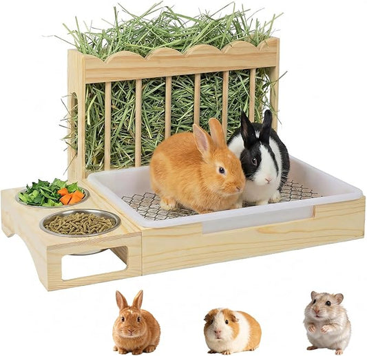 3-in-1 Rabbit Hay Feeder with Litter Box, Sturdy Wooden Hay Feeder Set for Guinea Pigs, Chinchillas, Hamsters, Ferret, Rabbits and Other Small Animal