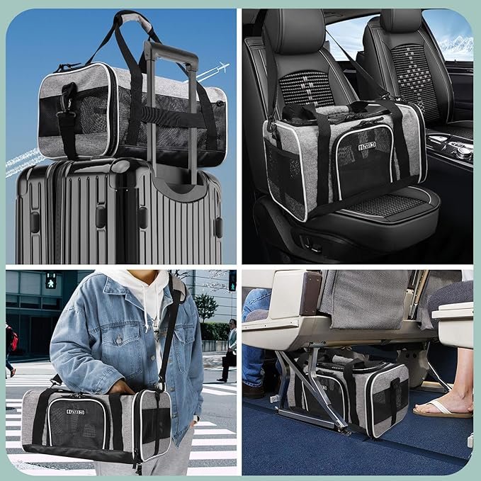Petskd Pet Carrier 18x13x9.5 Southwest Airline Approved,Pet Travel Carrier Bag for Small Cats and Dogs, Soft Dog Carrier for 1-15 LBS Pets,Dog Cat Carrier with Safety Lock Zipper (Grey)