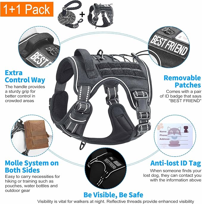 Beebiepet Heavy Duty Tactical Dog Harness for Large Dogs, No Pull Adjustable Pet Harness Reflective Service Training Easy Control Pet Vest Military K9 Working Dog Harnesses- Large, Black