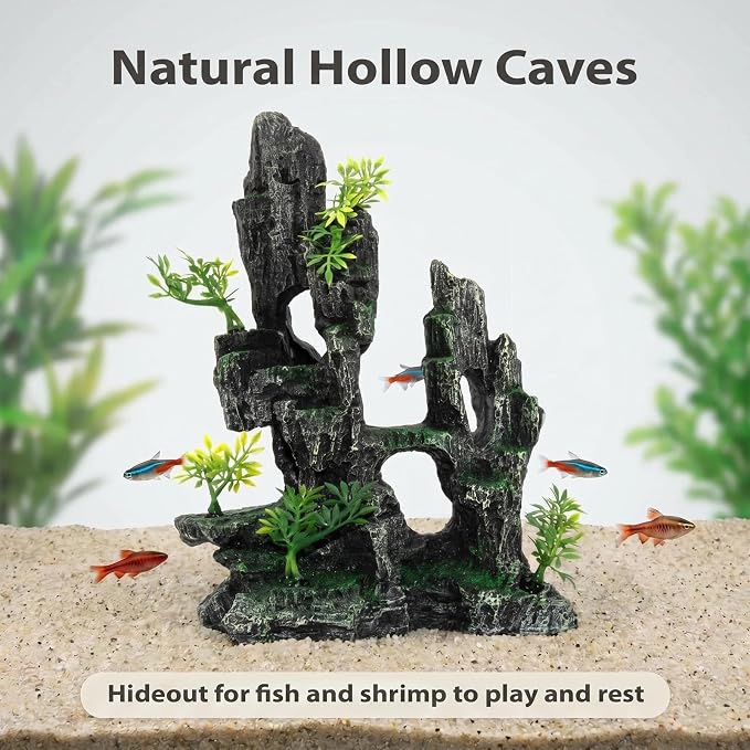 Aquarium Mountain View Stone Ornament, Large Resin Hideout Cave for Betta & Shrimp, Fish Tank Decor Rock Cave with Fish Cave and Hideouts (8.1" x 4.7" x 10")