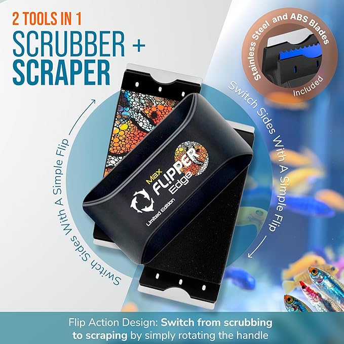 FLIPPER EDGE MAX Magnetic 2-in-1 Aquarium Cleaner for Glass and Acrylic Tanks up to 1 Inch (24mm) Thick – Dual Blade Design with Floating Algae Scraper and Cleaning Tool – LTD Clownfish