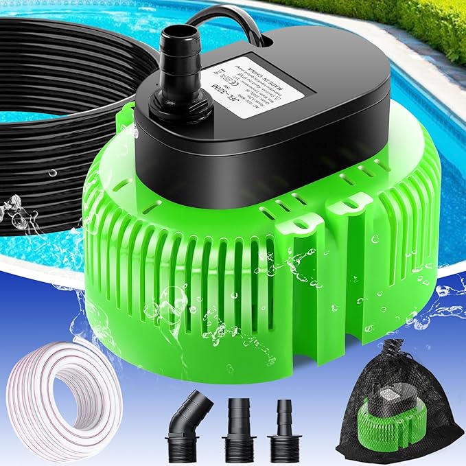 Pool Cover Pump above Ground-Submersible Sump Pump Swimming Water Removal Pumps, Sump Pumps for Pool Draining with 16ft Drainage Hose & 25 ft Extra Long Power Cord,850 GPH,3 Adapters-Green
