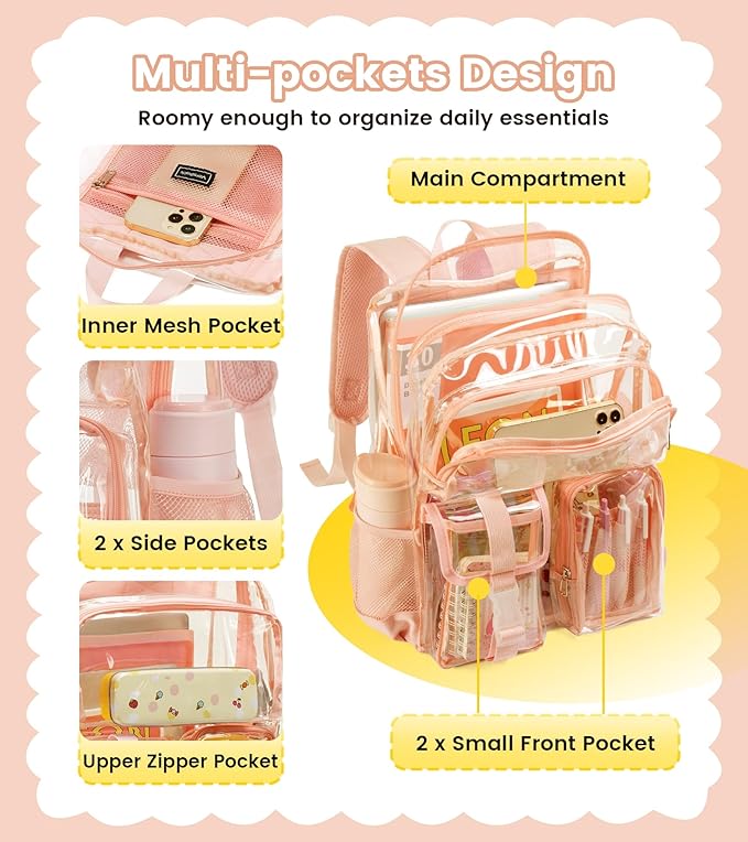 Vorspack Clear Backpack for School - Heavy Duty Transparent Bookbag for Girls Boys Large See Through backpacks for Work, College, Travel - Pink