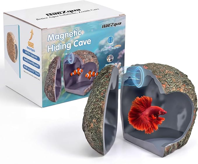 Magnetic Rock Aquarium Cave, Betta Fish Hideout & Fish Tank Decor | Fits glass or acrylic up to 0.5 in, dark interior hiding spot for shy pleco, cichlid, small fish and geckos, wipes clean
