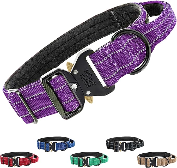 Tuff Pupper Tactical Dog Collar | Heavy Duty 1.5" Wide Ballistic Nylon | Training Control Handle | Quick-Release Metal Buckle | Reflective Bands | ID Tag Holder | Padded Inner Lining (Purple, Medium)