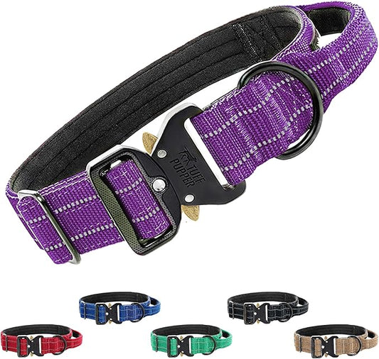 Tuff Pupper Tactical Dog Collar | Heavy Duty 1.5" Wide Ballistic Nylon | Training Control Handle | Quick-Release Metal Buckle | Reflective Bands | ID Tag Holder | Padded Inner Lining (Purple, Medium)