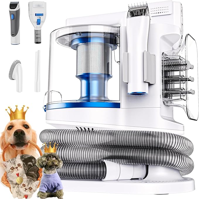 Pet Grooming Kit with 3.4L Oversized Vacuum Suction - 99% Pet Hair Removal - Professional Dog Clippers & Shedding Tools for Cats, Teddy, Poodle, Golden Retrievers (White Blue)
