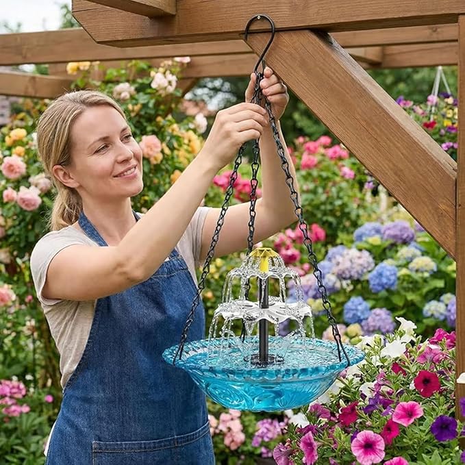Solar Fountain for Bird Bath，Solar Cascade Hanging Bird Bath Fountain，Large Humming Birds Baths Fountains, with Solars Pump & Glass Bowl, for Outdoor, Gardens (Pink)