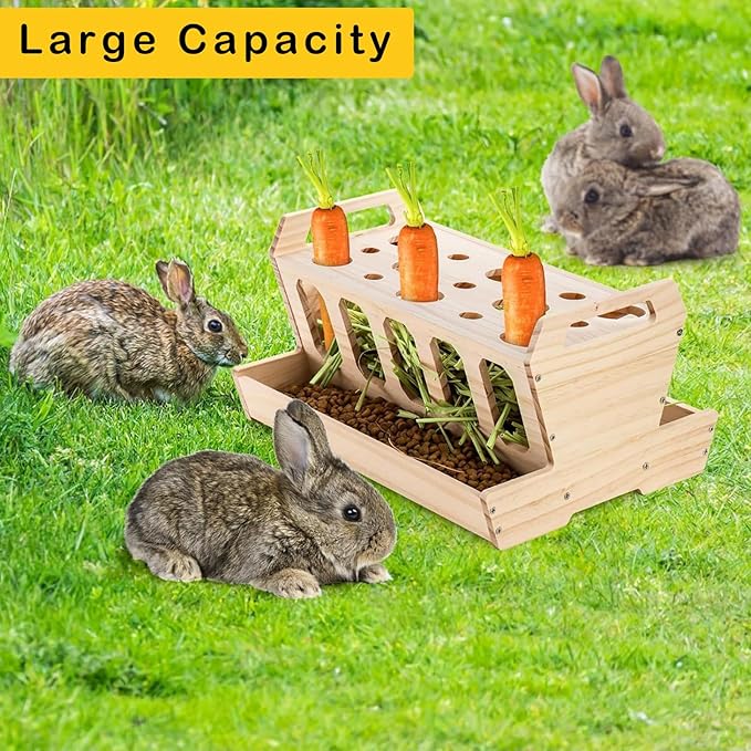 Rabbit Hay Feeder, Large Capacity Wooden Hay Feeder for Rabbits Guinea Pigs Chinchillas, Pet-self Feeding Hay Manager Alfalfa Timothy Dispenser Grass Holder Carrot Feeders for Bunny