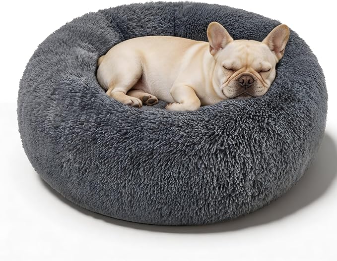 Dog Calming Beds for Small Medium Large Dogs - Round Donut Washable Puppy Dog Bed, Anti-Slip Faux Fur Fluffy Donut Cuddle Anxiety Cat Pet Bed(28" Dark Grey)