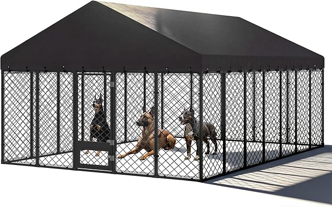 10x14×6.4 FT Heavy Duty Dog Kennel Outdoor with Secure Double Locks and Waterproof & UV Resistant Roof Cover,All Weather Resistant Anti-Rust Metal Enclosure for Large Dogs