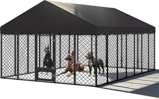 10x14×6.4 FT Heavy Duty Dog Kennel Outdoor with Secure Double Locks and Waterproof & UV Resistant Roof Cover,All Weather Resistant Anti-Rust Metal Enclosure for Large Dogs