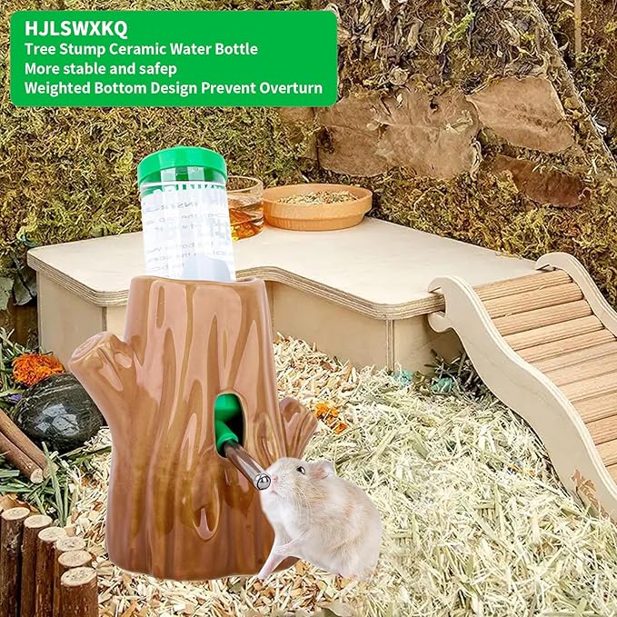 Stump-Shaped Ceramic Hamster Water Bottle - Leak Proof Small Animal Waterer with Bracket, 4.27oz(125ML) for Syrian Dwarf Hamster, Mice, Chinchillas (Brown + Green, Middle Size)
