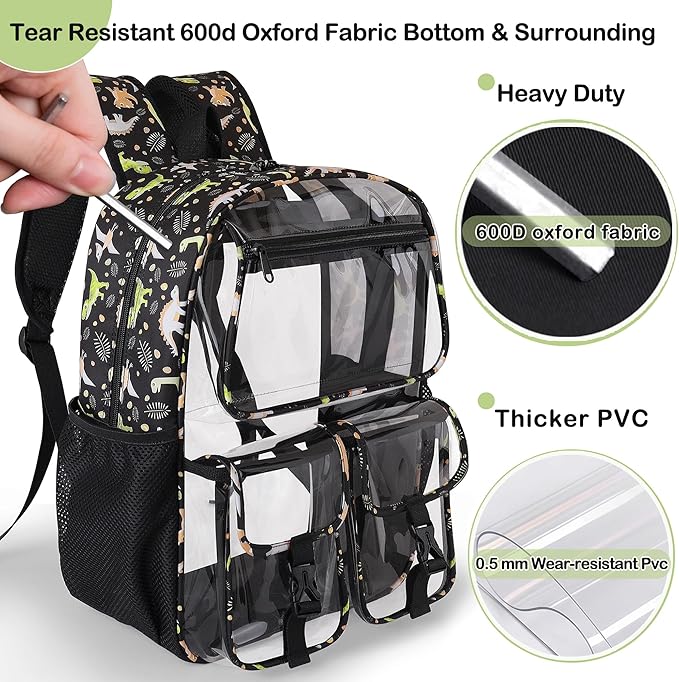 Clear Backpack for Boys, School Kids Heavy Duty See Through Bookbag Dinosaur Transparent Backpacks with Thicker Straps, Blue