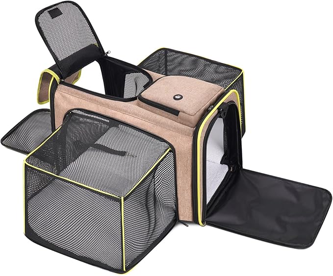 Expandable Cat & Dog Carrier, Large Expandable Collapsible Travel Bag with Safety Zippers, 3 Open Doors, Removable Fleece Pad for Puppies & Small Animals, Airline Approved (Brown)