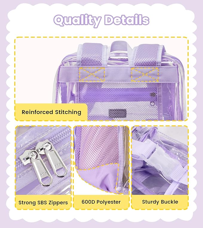 Vorspack Clear Backpack for School - Heavy Duty Transparent Bookbag for Girls Boys Large See Through backpacks for Work, College, Travel - Purple