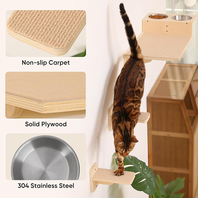 FUKUMARU Cat Wall Shelves, 3 in 1 Cats Walls Furniture Set, Food Station with 2 Steps, Birch Plywood Perch, Suitable for Kitten Play, Nap, Eat, DIY Wall Jungle Gym