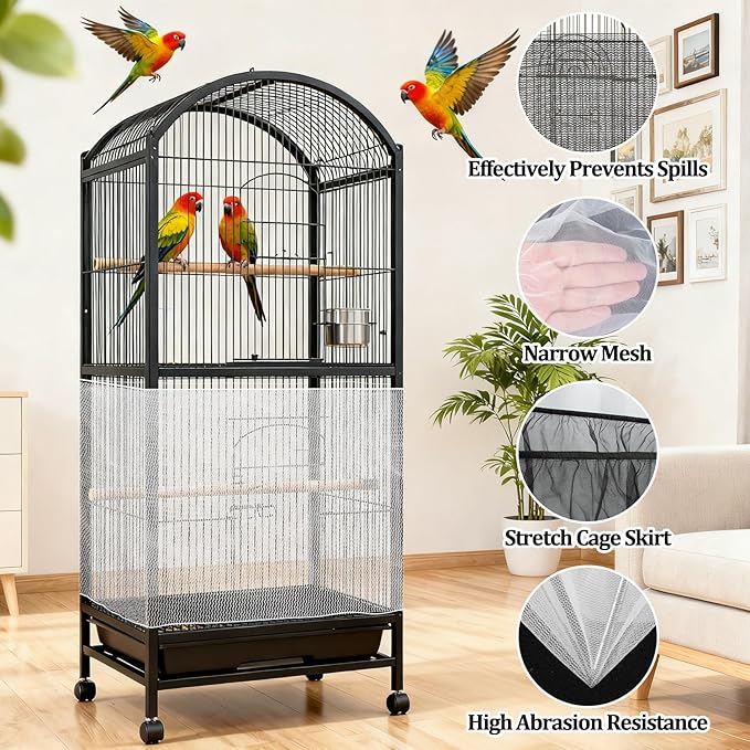 RAINFLOW 2Pcs Bird Cage Seed Catcher - Black White Bird Cage Cover, Birds Cages Netting Skirt Birds Cages Seed Catcher Guard for Parrot Parakeet Enclosures