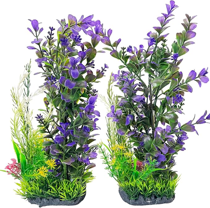 kathson 2Pcs Plastic Aquarium Plants 12.6 Inch Artificial Fish Tank Plants Large Aquarium Decorations Fake Seaweed Tall Fish Tank Decorations (Purple)