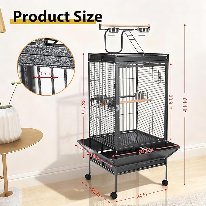 64.4" Tall Large Bird Cage, Metal Parrot Cage with Rolling Stand, Play Top & Bowls - Bird Aviary for Parrots, Parakeets, Conures, Cockatiels, Indoor Outdoor Aviary for Outside Porch Garden Yard