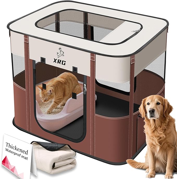 Portable Foldable Pet Playpen Collapsible Crates Kennel Playpen for Dog cat and Rabbit &Travel playpen Outdoor or Indoor (Medium（31.5" L x 23.6" W x 21.7" H）, Brown)