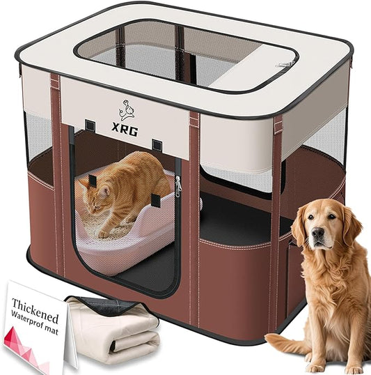 Portable Foldable Pet Playpen Collapsible Crates Kennel Playpen for Dog cat and Rabbit &Travel playpen Outdoor or Indoor (Medium（31.5" L x 23.6" W x 21.7" H）, Brown)