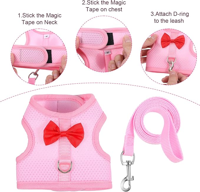 Breathable Rabbit Harness and Leash Set, Rabbit Harness and Bunny Leash Set, Soft Breathable Mesh VestHarness for Rabbits, Kitten, Ferret, Small Pig, Puppy, Small Pets (Pink,M)