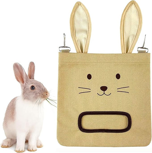 Rabbit Hay Feeder Bag - Hanging Rabbit Hay Feeder for Rabbits, Guinea Pigs and Chinchillas, Moss and Alfalfa Hay (Khaki)