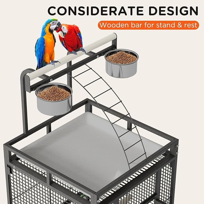 GarveeLife Large Bird Cage 60-inch Playtop Metal Bird Cages with Rolling Stands, Feed Bowls for Parakeets, Conures, Parrot Cage for Medium Large Parrot Cage with Slide-Out Tray Seed Guard, Black