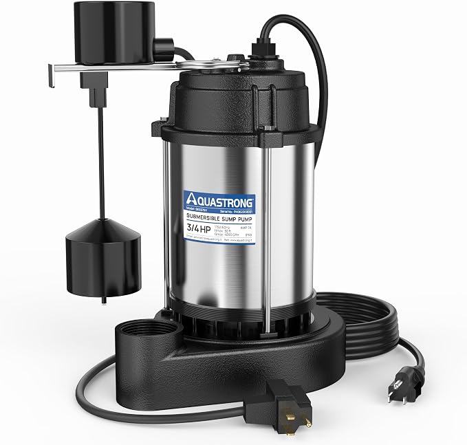 AQUASTRONG 3/4HP Sump Pump, 4890 GPH Submersible Pump, 1-1/2" NPT Discharge | Stainless Steel and Cast Iron Sump Pump, Automatic Integrated Vertical Float Switch with Piggy-back Plug for Basement