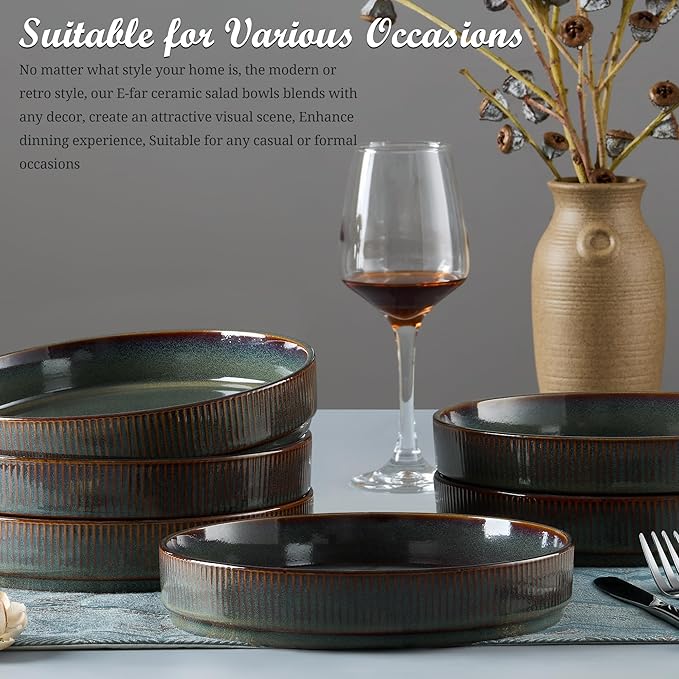 E-far Pasta Bowls Set of 6, 35oz Large Salad Bowl Plate for Dinner Serving, Wide & Shallow Ceramic Stoneware Pasta Plates, Microwave & Dishwasher Safe, Reactive Glaze Textured Stripes, Blackish Green
