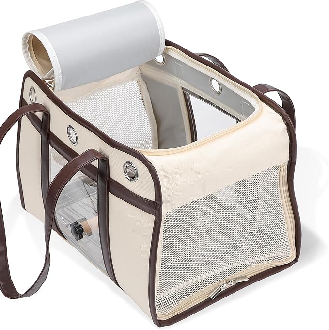 Sanmoncare Stylish Bird Carrier with PU Leather Handle, Portable Travel Cage for Cockatiels & Conures, Lightweight Parrot Bag with Stainless Steel Tray, Vet Visit, White