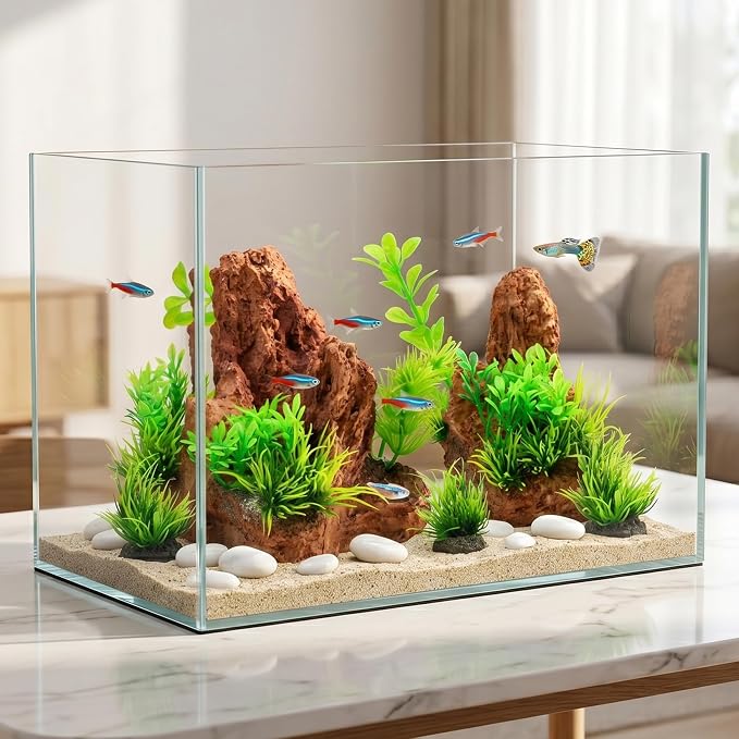 Fish Tank Decorations Artificial Small Resin Hideout Cave Plants | Resin hideout cave for fish tank decor, 6pcs aquarium decoration with lifelike plants, reduce stress for small tropical fish