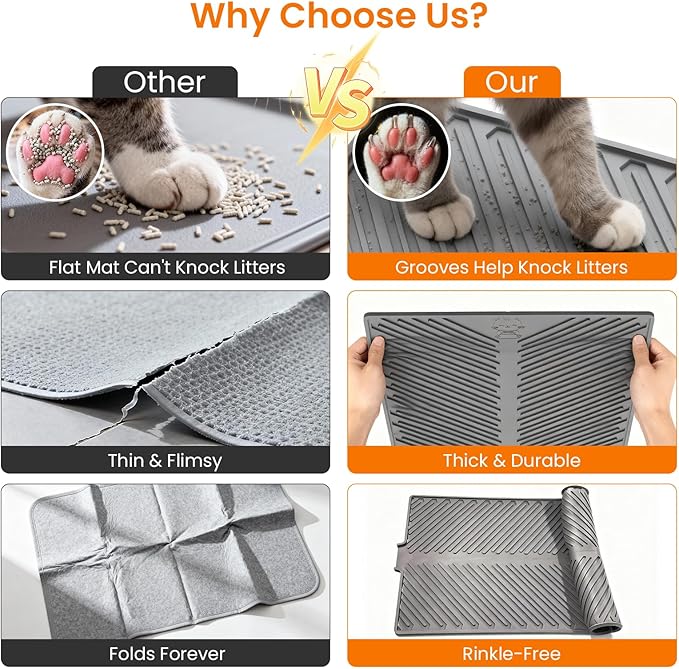 Cat Litter Mat, Large 34" x 22" Litter Trapping Mat, Silicone Litter Mat for Litter Box, Waterproof Foldable & Easy Clean, Scatter Control, Soft on Paws, Gray